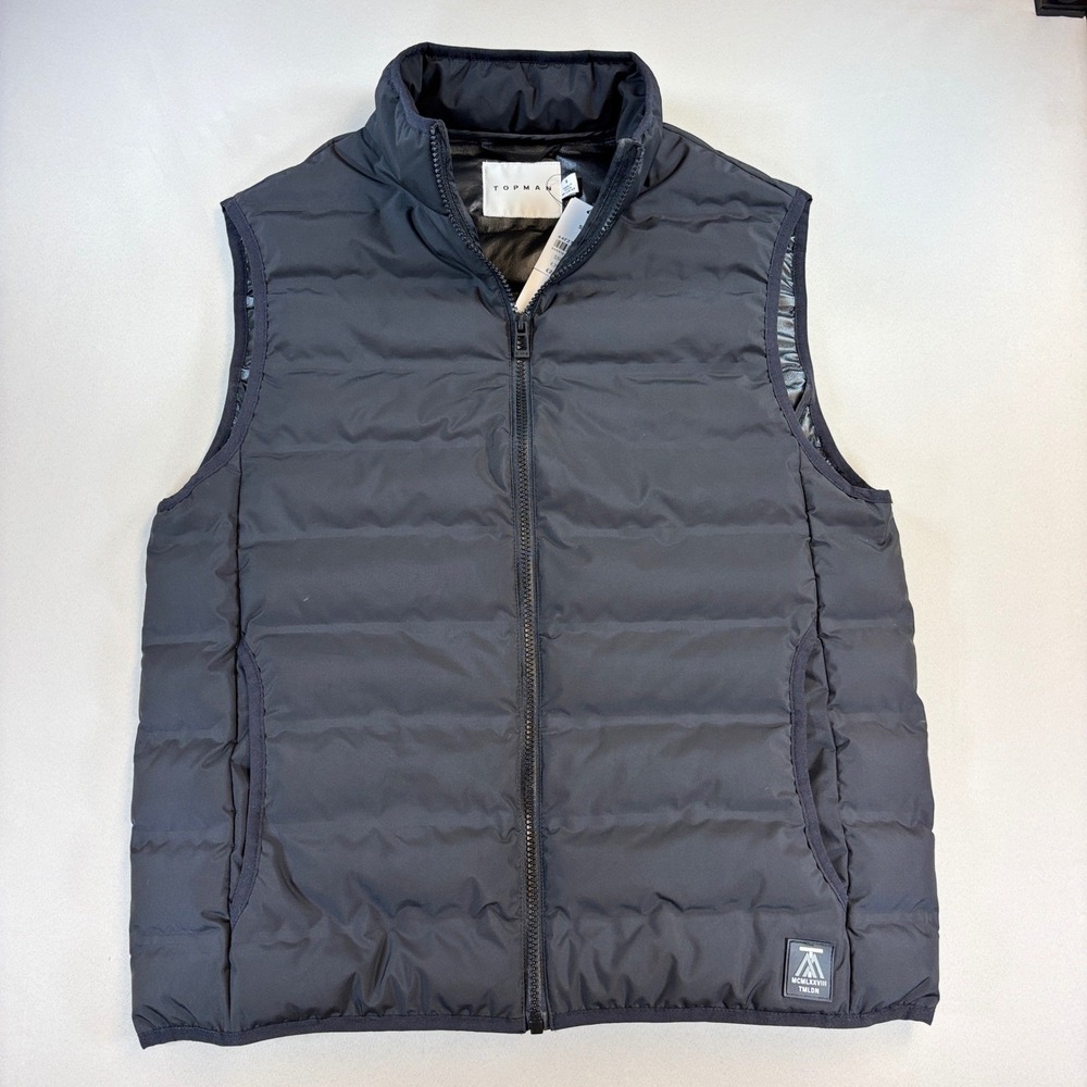 Topman Puffer Vest Mens Small Black Quilted Full Zip Lightweight Layering NEW